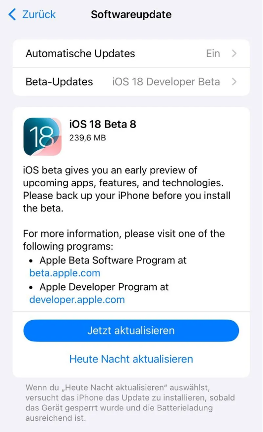 浦北苹果手机维修分享苹果 iOS / iPadOS 18 开发者预览版 Beta 8 发布 